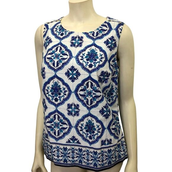 TALBOTS white & blue SLEEVELESS BLOUSE‎ SIZE 8 - Picture 1 of 5